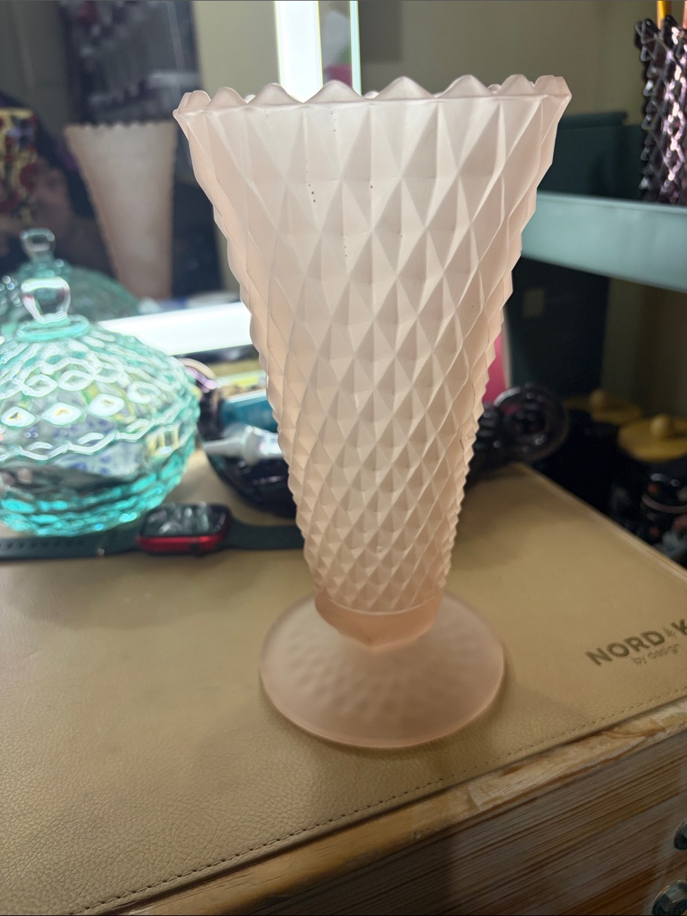 Vintage Indiana Glass Pink Frosted Satin Diamond Point Fluted Footed Vase.